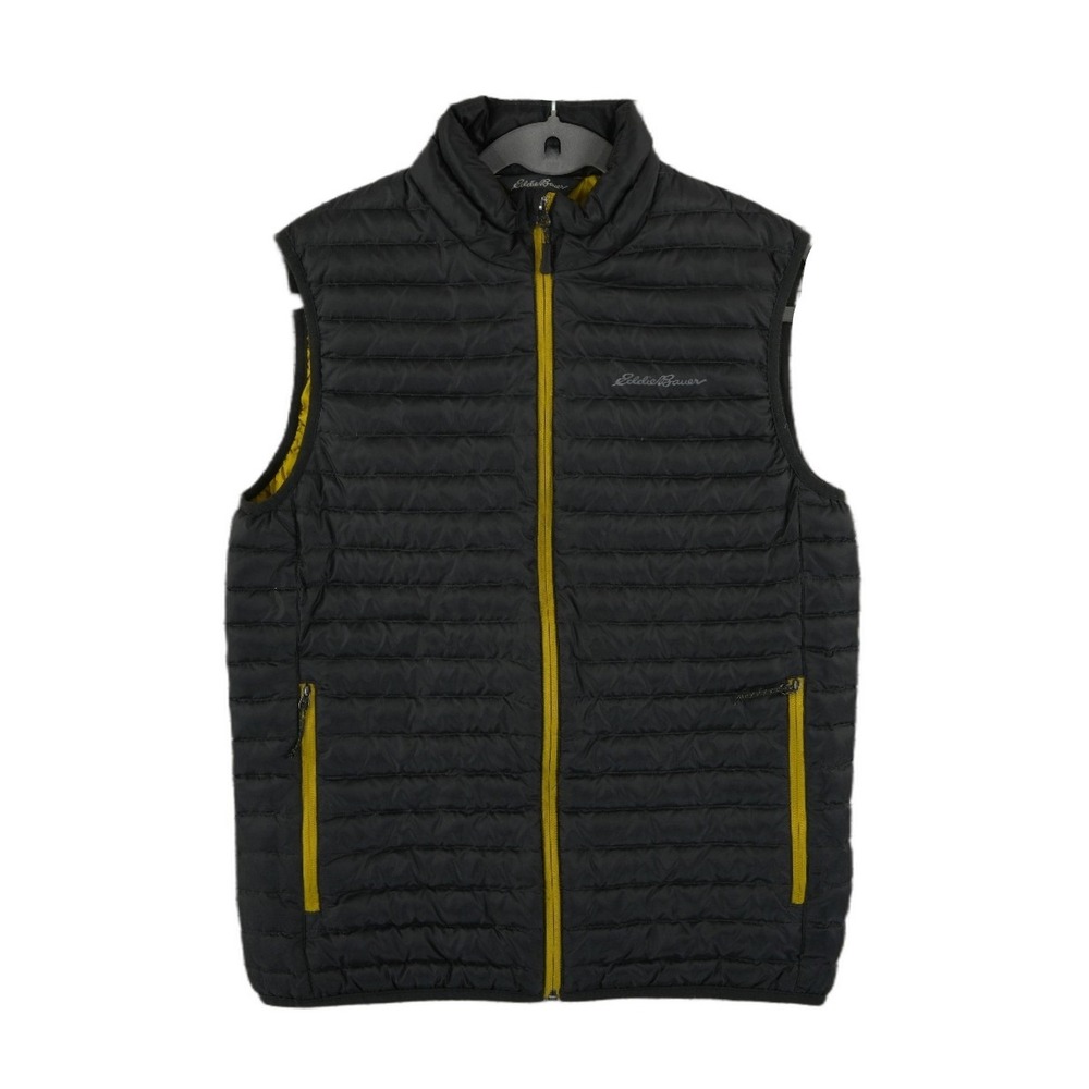 Eddie Bauer Down Puffer Vest Men's Size Small Black Yellow 700 Fill Quilted Fall